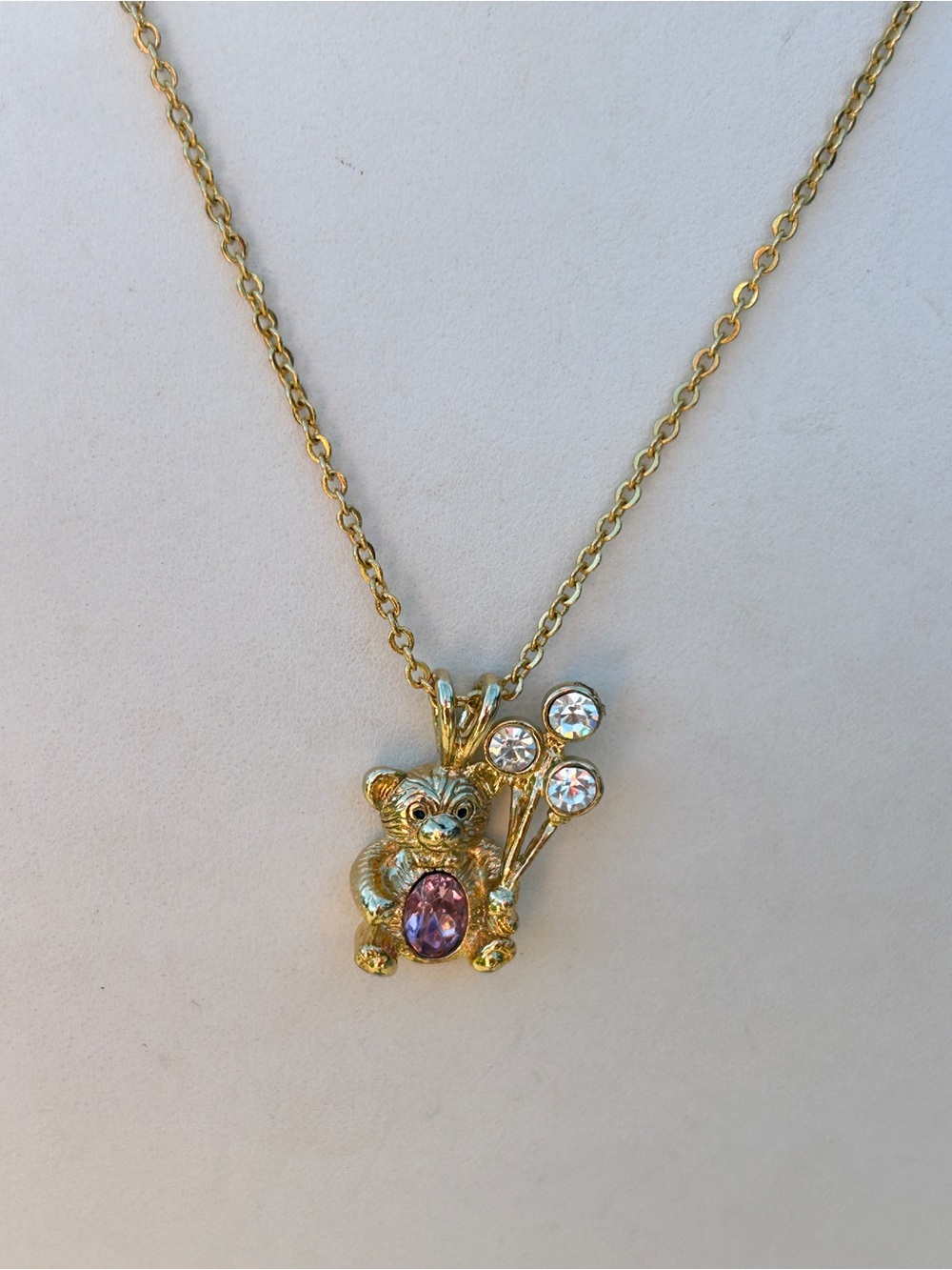Gold Tone Teddy Bear Balloon Purple Crystal Rhinestone Necklace